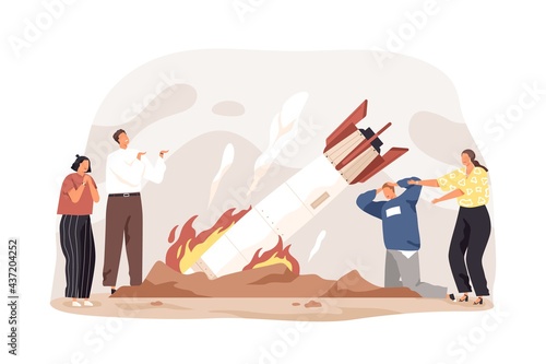 Business fail, startup failure, and crisis concept. Unhappy unsuccessful entrepreneurs at fallen rocket. Hard problems in start up project. Flat vector illustration isolated on white background