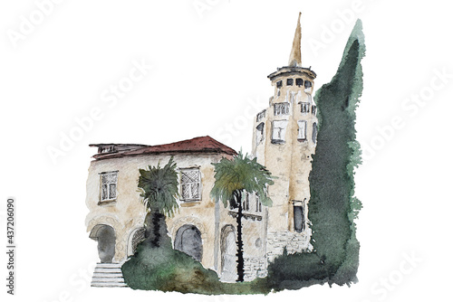 Watercolor illustration of an old mansion, modern Artwork, illustration sanatorium Ordzhonikidze, Sochi, Russian.