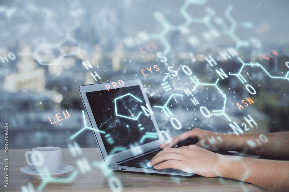 Double exposure of woman hands typing on computer and formula hologram drawing. Education concept. Double exposure of woman hands typing on computer and formula hologram drawing. Education concept.