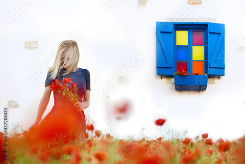 Silhouette of a girl in the flowers of red poppies and a colored vintage window  photo