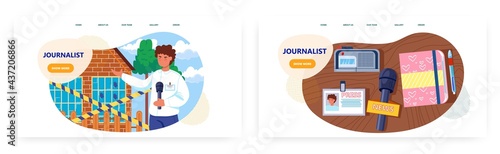 Journalist landing page design, website banner vector template set. News reporter making live report from the street.