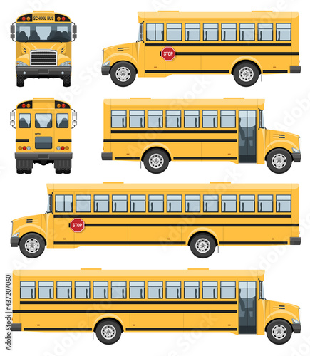 School buses vector template with simple colors without gradients and effects. View from side, front and back