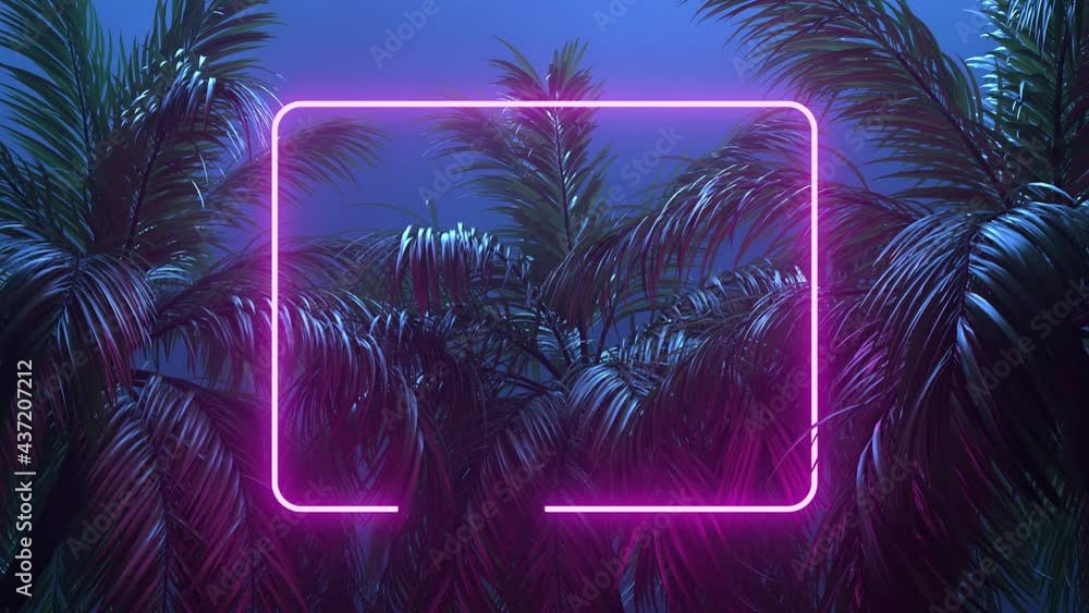 Retrowave glowing rectangle frame appears in the tropical palm tree ...