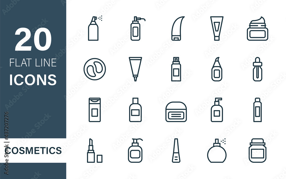 Beauty Cosmetic Products for Body, Skin and Hair Care. Set of Cosmetic Bottle Line Icons. Bottles with Spray, Dispenser, Cream Jar, Tube and different Containers. Editable stroke. Vector illustration Beauty Cosmetic Products for Body, Skin and Hair Care. Set of Cosmetic Bottle Line Icons. Bottles with Spray, Dispenser, Cream Jar, Tube and different Containers. Editable stroke. Vector illustration