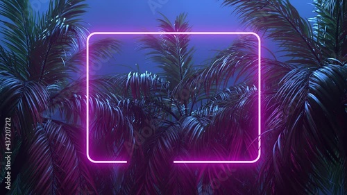 Retrowave glowing rectangle frame appears in the tropical palm tree