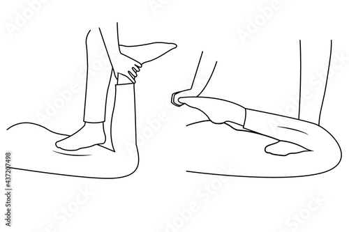 Massage. Yumeiho therapy line. Instructions for performing massage techniques, kneading and stretching the thigh muscles. Simple vector illustration for physical therapy guidelines, websites and
