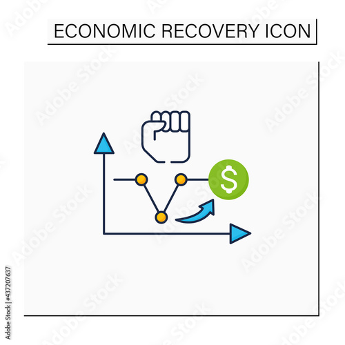 V shaped recovery color icon. Fluctuations.Economic decline,short trough, rapid recovery periods. Business concept. Isolated vector illustration