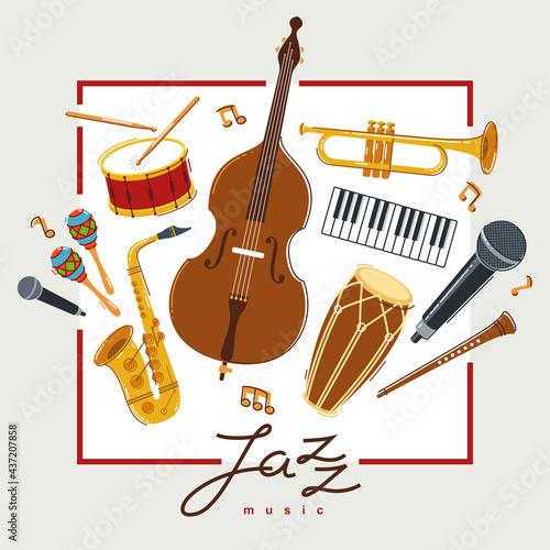 Jazz music band poster different instruments vector flat illustration, live sound festival or concert advertising flyer or banner, play different instruments orchestra.