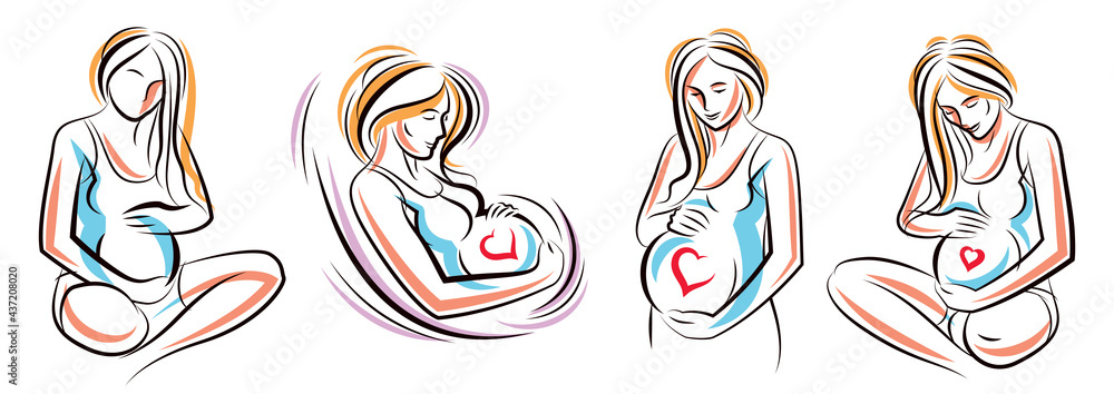 Pregnancy and motherhood theme vector illustrations set pregnant woman drawings isolated on white background, prenatal pregnant beautiful female new life theme. Pregnancy and motherhood theme vector illustrations set pregnant woman drawings isolated on white background, prenatal pregnant beautiful female new life theme.