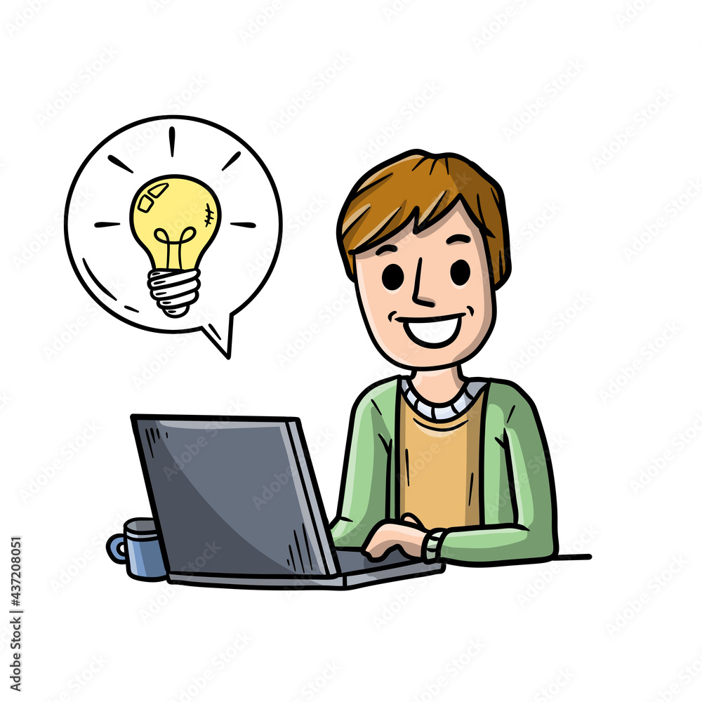 Man sitting at table with laptop. Work as freelancer and programmer. Modern gadget. Smiling happy guy. Bubble with light bulb. Idea concept. Invention and thought. Hand drawn sketch cartoon Man sitting at table with laptop. Work as freelancer and programmer. Modern gadget. Smiling happy guy. Bubble with light bulb. Idea concept. Invention and thought. Hand drawn sketch cartoon