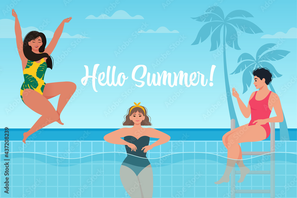beautiful international women in swimsuits relaxing in the pool at sea background. Hello summer poster. Vector illustration in trendy flat style