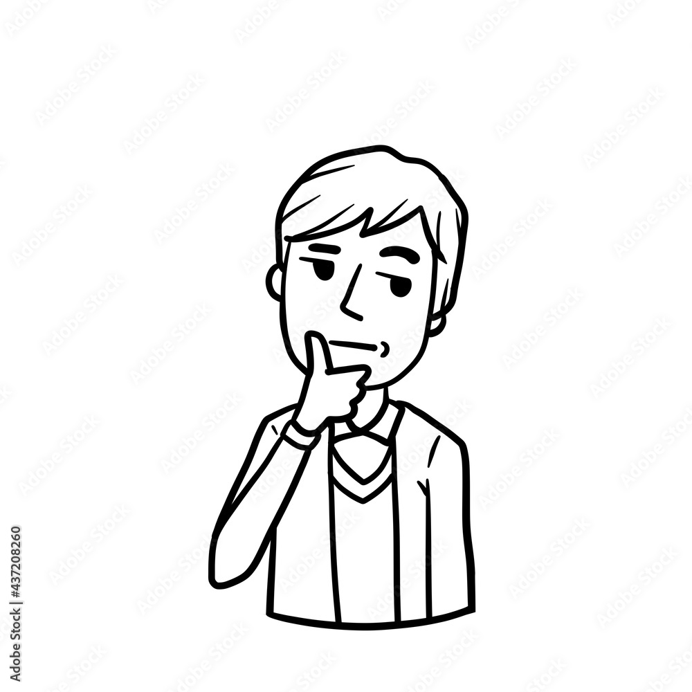 Young thoughtful man holds hand to chin. Dreamy and pensive guy. Gesture of doubt. Complex issue. Solve problems. Suspicion and distrust. Cartoon hand drawn sketch. brooding and wistful emotion Young thoughtful man holds hand to chin. Dreamy and pensive guy. Gesture of doubt. Complex issue. Solve problems. Suspicion and distrust. Cartoon hand drawn sketch. brooding and wistful emotion