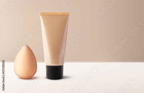 Mockup tonal CC or BB cream foundation makeup and beauty blender for makeup foundation 3d vector realistic illustration on beige background. Template design with copy space