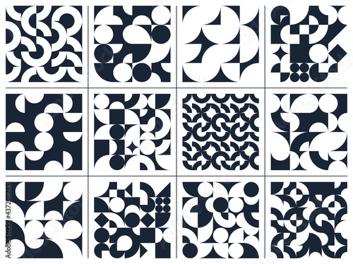 Geometric abstract seamless patterns set with black and white simple elements of geometry, wallpaper backgrounds in retro 70s style, Bauhaus constructive style tiles.