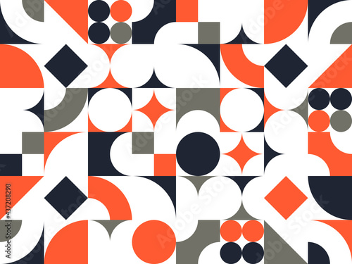 Geometric abstract seamless pattern with colorful simple elements of geometry, wallpaper background in retro 70s style, Bauhaus constructive style tiles.
