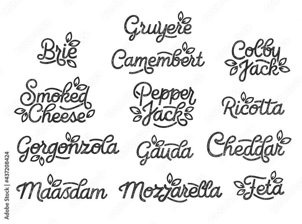 Set of cheese grades lettering. Ricotta, Cheddar, Pepper Jack, Smoked Cheese, Feta, Cauda, Maasdam, Camembert, Brie, Gruyere, Gorgonzola, Colby Jack, Mozzarella. Vector illustration.