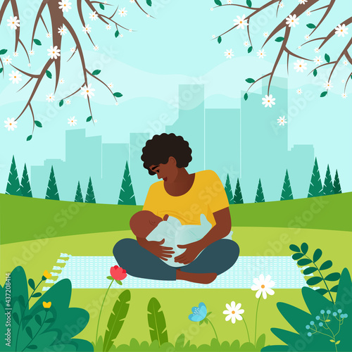 Mother feeding a baby with breast at the park on city spring landscape. Breastfeeding concept. Vector illustration in flat style