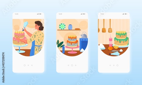 Confectioner baker cooking birthday cake. Mobile app screens, vector website banner template. UI, web site design.