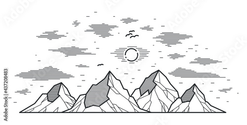 Mountain peaks line art vector illustration isolated on white, linear illustration of mountains range wild nature landscape, outdoor hiking camping ant travel theme.