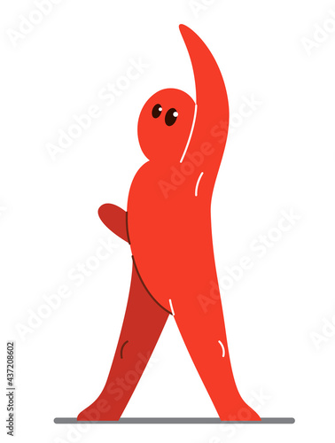 Funny cartoon man raised hand up like saying yeah victory triumph champion vector flat style illustration isolated on white, cute and positive small guy drawing or icon.