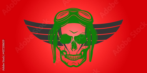 Aviator skull with googles and skull cap with pilot wings in the back vector illustration. Radial backdrop with thrilling art for aviation enthusiasts.