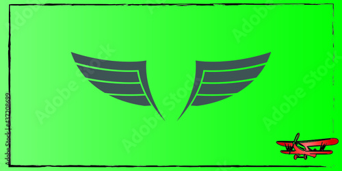 aviation vector background with aviator wing shape and a red monoplane in the corner. Summer green backdrop for poster, banner and print.