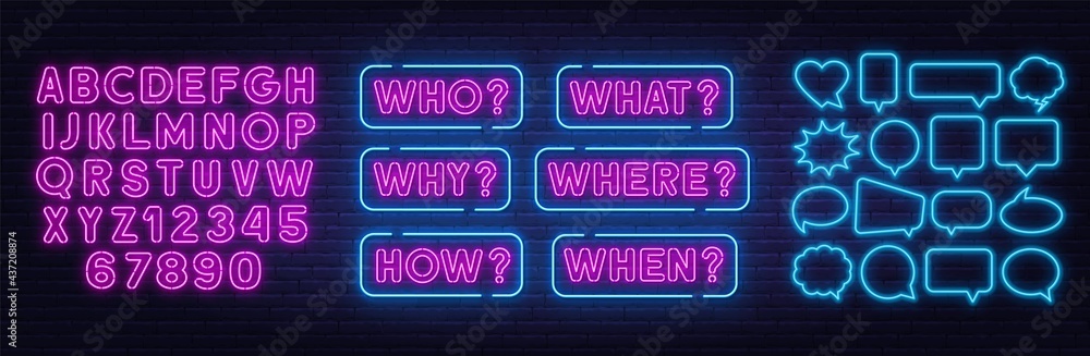 Who Why How What When Where neon sign on brick wall background . - obrazy, fototapety, plakaty 