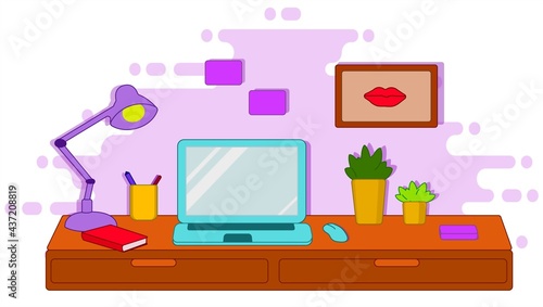 Workplace with blue laptop, picture, two flowers, purple lamp and red book at purple background in paper cut style