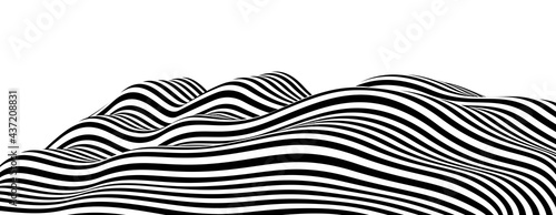 Abstract vector 3D lines background, black and white curves linear perspective dimensional terrain optical pattern.