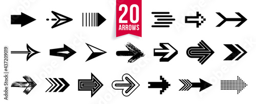 Arrow symbols big set of different shapes styles and concepts, cursors for icons or logo creation, single color monochrome logotypes.