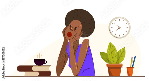 Young African ethnicity woman office worker having coffee break during a day vector flat illustration isolated, relaxed resting employee, job done, work finished, lazy.