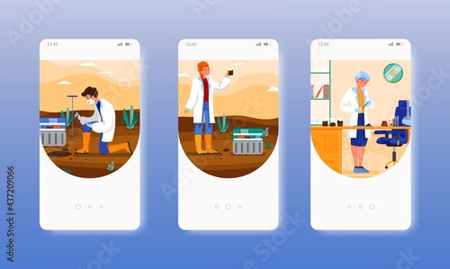 Agricultural soil quality testing in lab, field. Mobile app screens, vector website banner template. UI, web site design