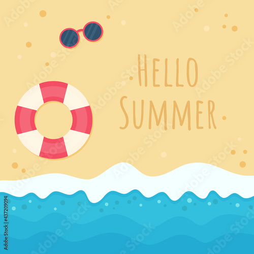 Hello Summer. Top view of beach and sea. Vector illustration