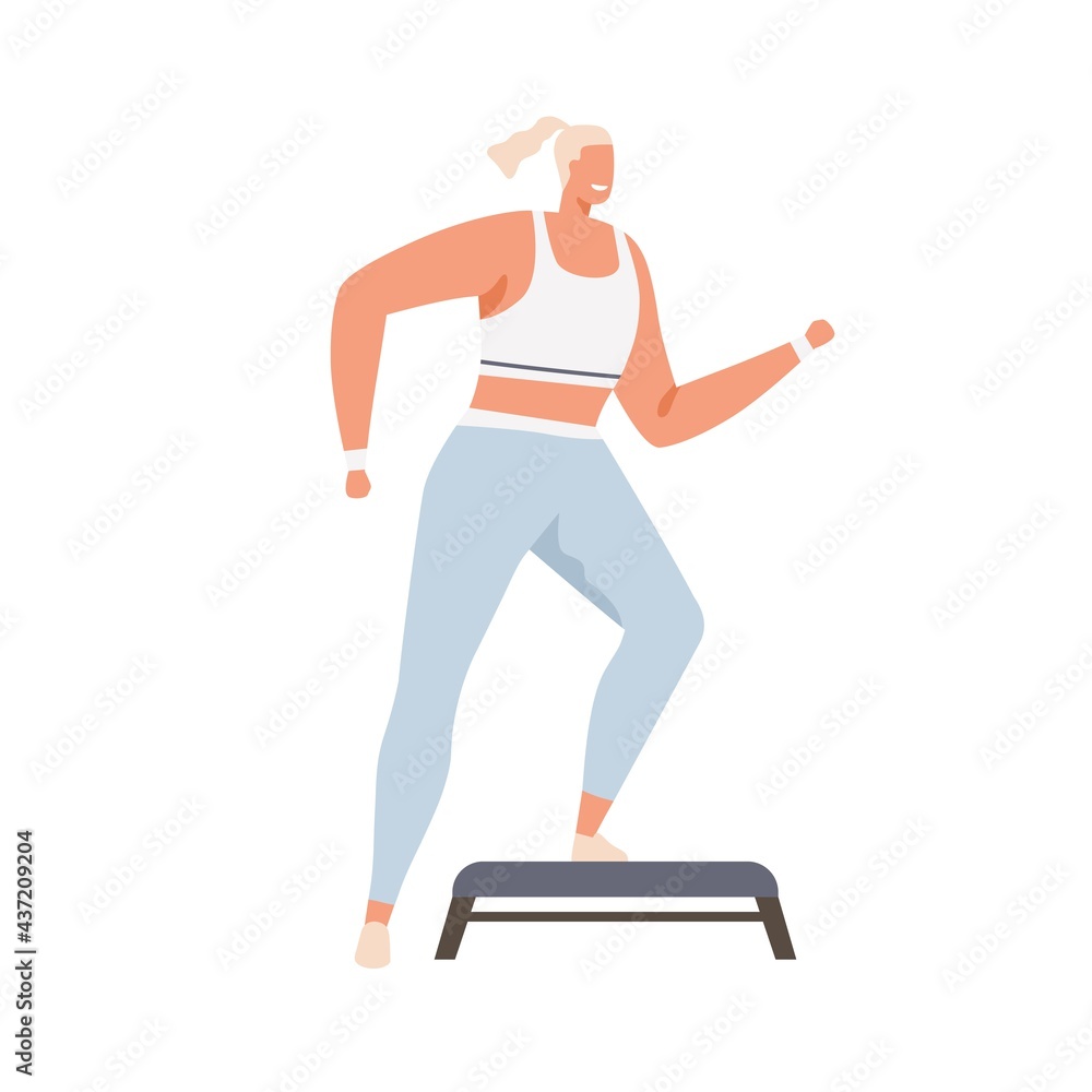 Woman doing step aerobics exercises on stepper platform. Cardio fitness. Person training endurance. Female character working out. Colored flat vector illustration isolated on white background Woman doing step aerobics exercises on stepper platform. Cardio fitness. Person training endurance. Female character working out. Colored flat vector illustration isolated on white background