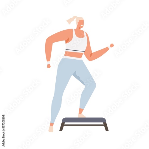 Woman doing step aerobics exercises on stepper platform. Cardio fitness. Person training endurance. Female character working out. Colored flat vector illustration isolated on white background
