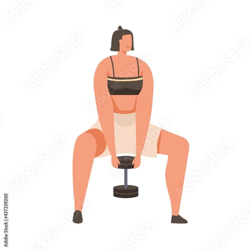 Strong woman doing front one-dumbbell squat, lifting added weight. Strength exercise. Weightlifter's workout. Colored flat vector illustration of person training isolated on white background