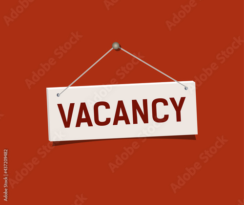 Vacancy sign hanging on red wall. Realistic sign