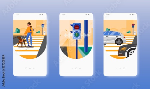 Crosswalk. Blind woman with cane and guide dog. Mobile app screens, vector website banner template. UI, web site design.