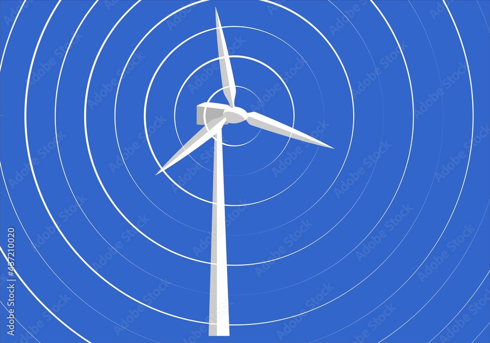 Aerogenerador blanco sobre fondo azul con círculos concéntricos blancos en señal de movimiento. Fuentes de energía sostenible, renovables, alternativas y limpias. Sin carbono