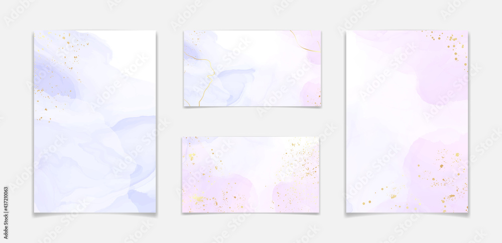 Abstract two colored rose and lavender liquid marble background with gold stripes and glitter dust. Pastel pink violet watercolor drawing effect. Vector illustration backdrop with gold splatter