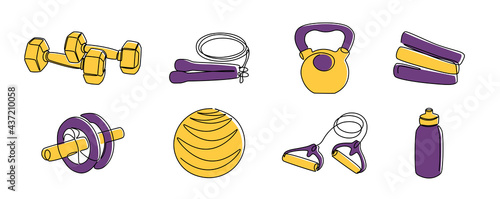 Continuous line fitness tools. One line home training sport inventory, healthy activity gear. Vector dumbbells, jump rope, kettlebell, fitball