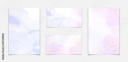 Abstract two colored rose and lavender liquid marble background with gold stripes and glitter dust. Pastel pink violet watercolor drawing effect. Vector illustration backdrop with gold splatter
