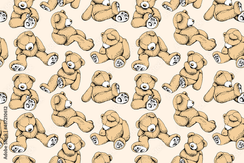 Seamless wallpaper pattern. Toy Teddy bear. Funny poses. Humor textile composition, hand drawn style print. Vector illustration.