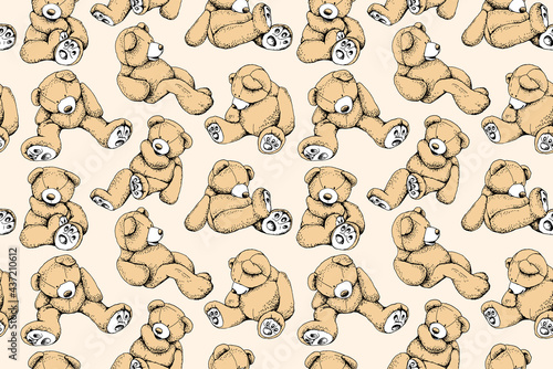 Seamless wallpaper pattern. Toy Teddy bear. Funny poses. Humor textile composition, hand drawn style print. Vector illustration.