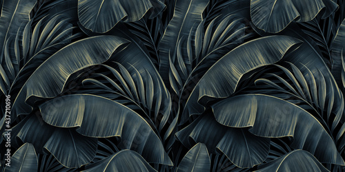 Wallpaper Mural Tropical exotic seamless pattern. Night blue golden banana leaves, palm. Hand-drawn dark vintage 3D illustration. Nature abstract background design. Good for luxury wallpapers, cloth, fabric printing Torontodigital.ca
