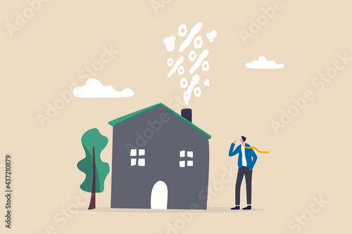 Real estate and housing mortgage rates, interest rate for house loan or renting, property tax or banking cost concept, businessman house owner looking at rising percentage smoke from house fireplace.