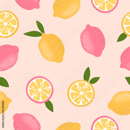 Seamless lemon pattern. Juicy pink and yellow lemons. Suitable for textiles, web banners, postcards, backgrounds. Fresh summer fruits. Vector illustration.
