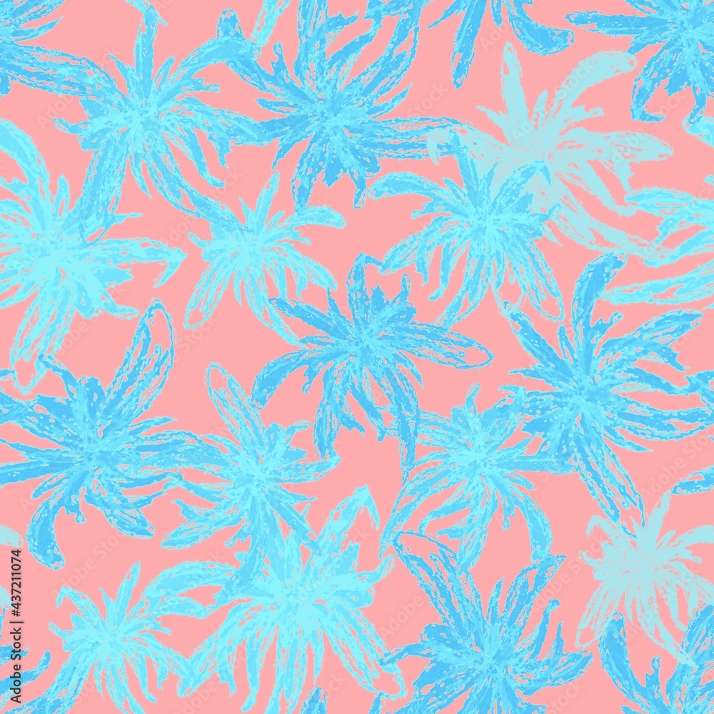 Seamless pattern. Abstract blue, cyan flowers on a pink background. Endless botanical background. For fabrics, textiles, clothing, packaging. Seamless pattern. Abstract blue, cyan flowers on a pink background. Endless botanical background. For fabrics, textiles, clothing, packaging.