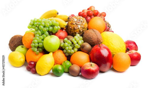 heap of various tropical fruits isolated on white background