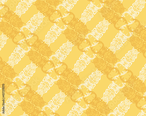 Seamless pattern with detailed illustrations of stag beetle insects on a light yellow background in a criss-cross diagonal repeat.